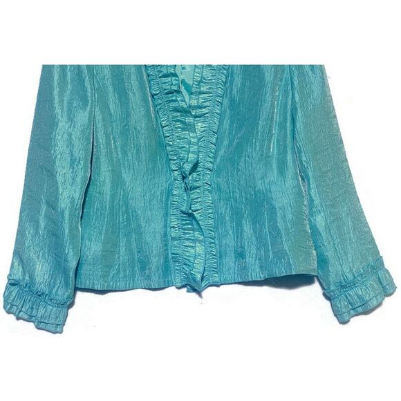 Rafael Turquoise Jacket Women's Size 14 Lined Lightweight Ruffled Trim Front Tie - Picture 6 of 8